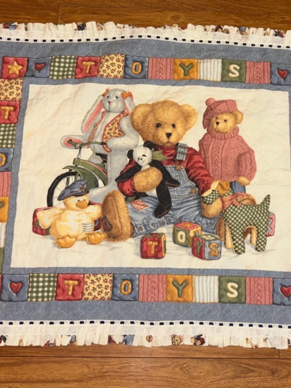 Vintage 90s blue jean teddy bear quilt 44x35